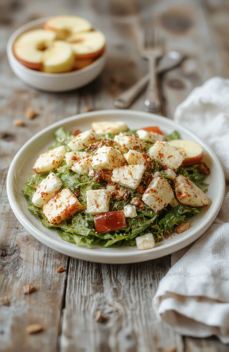 A vibrant bowl of apple feta salad featuring crisp apple slices, crumbly feta cheese, mixed greens, and a drizzle of honey dressing, styled on a rustic wooden table with fall leaves in the background, showcasing fresh textures and colorful ingredients.