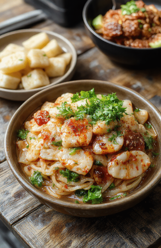 A vibrant plate of japchae noodles arranged elegantly on a white dish, featuring translucent sweet potato glass noodles mixed with colorful julienned vegetables like carrots, spinach, and bell peppers, garnished with sesame seeds and chopped green onions, styled simply on a rustic wooden table with soft natural daylight highlighting the glossy textures.