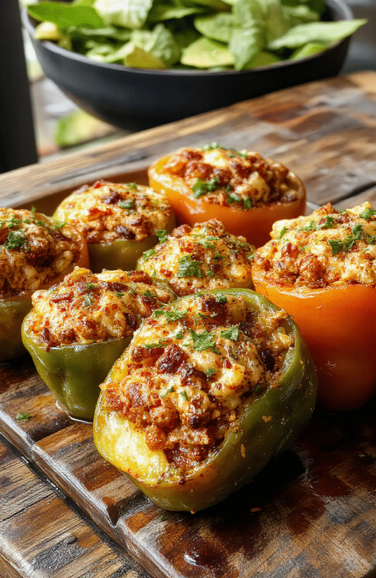 Colorful stuffed bell peppers on a white plate, filled with seasoned rice, ground meat, and melted cheese, garnished with fresh herbs, presented with a vibrant background-style setting