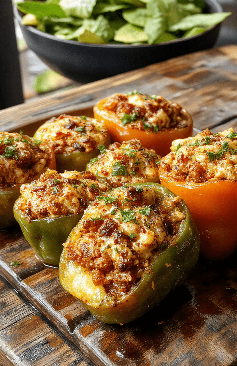 Colorful stuffed bell peppers on a white plate, filled with seasoned rice, ground meat, and melted cheese, garnished with fresh herbs, presented with a vibrant background-style setting
