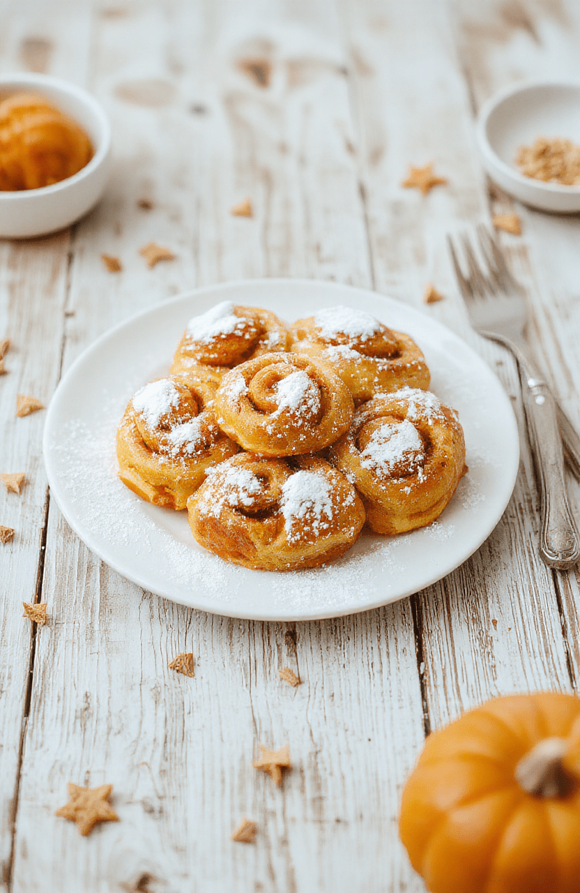 A beautifully presented stack of fluffy pumpkin rolls with a golden-brown crust, dusted lightly with powdered sugar, placed on a rustic wooden board. The rolls are surrounded by cinnamon sticks and a small bowl of cream cheese frosting, with a cozy fall-themed background featuring warm orange and brown tones, emphasizing their soft texture and inviting appearance.
