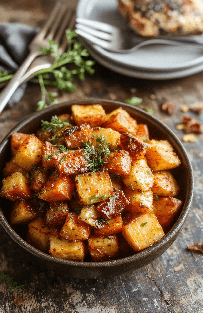 An inviting plate of roasted sweet potatoes and carrots on a white ceramic dish, showcasing golden-brown edges and vibrant orange hues, garnished with fresh herbs, set against a rustic wooden table with a hint of natural sunlight highlighting textures.