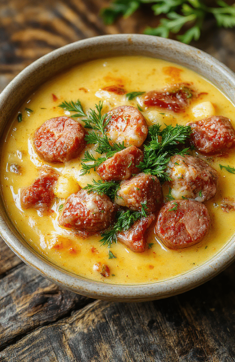 A vibrant bowl of hearty kielbasa soup featuring sliced kielbasa sausage, tender vegetables, and herbs in a rustic bowl on a wooden table, steam rising, styled with fresh herbs for a cozy, inviting look.