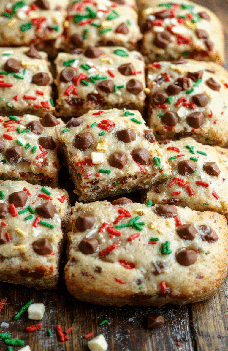 A vibrant tray of Christmas cookie bars with colorful sprinkles on top, sliced to reveal gooey chocolate chips and a buttery crumbly base, styled on a rustic wooden serving board with holiday decorations in the background, matte finish, inviting and festive.