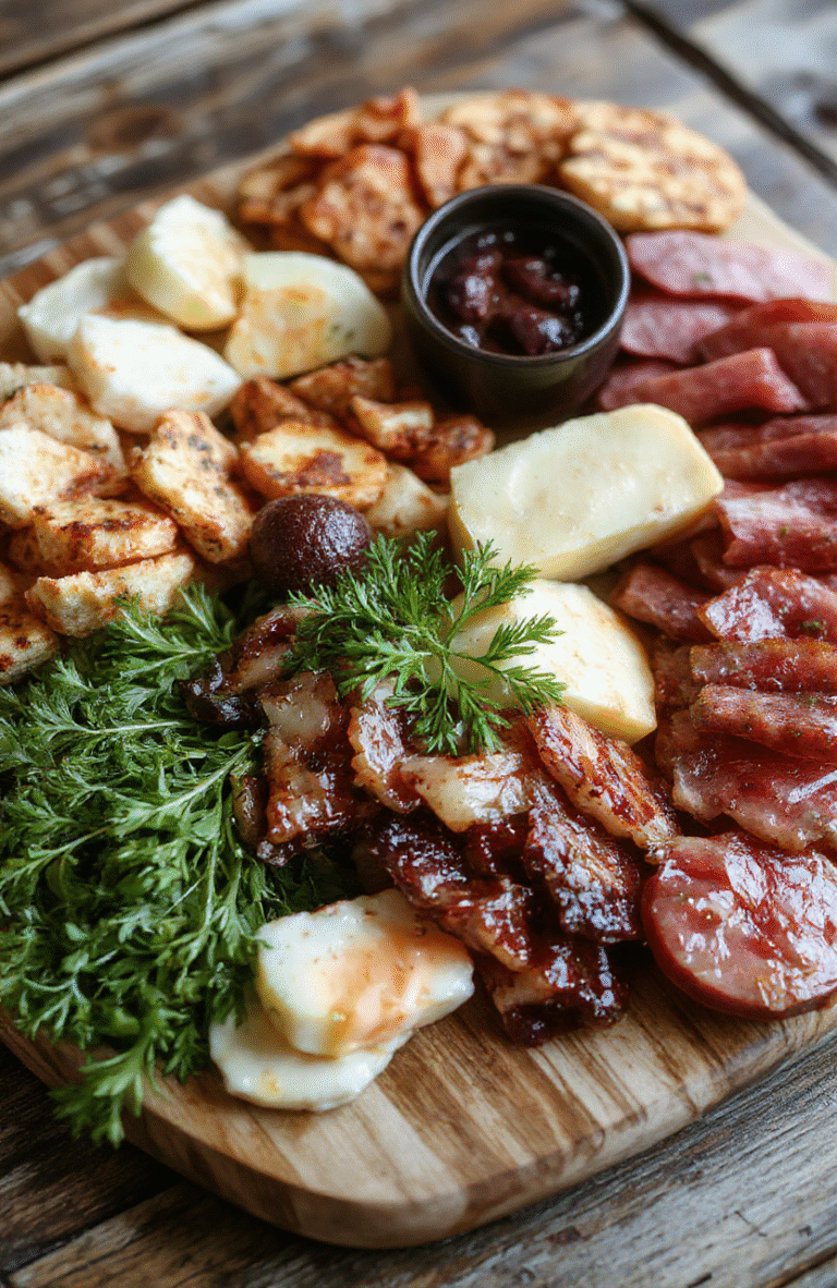Vivid and colorful charcuterie board featuring an assortment of cheeses, cured meats, fresh fruits, nuts, and crackers artistically arranged on a rustic wooden platter, styled with small bowls of dips and garnishes, vibrant reds, yellows, and greens pop against the natural wood background, with a soft-focus blurred background for a casual and inviting look.