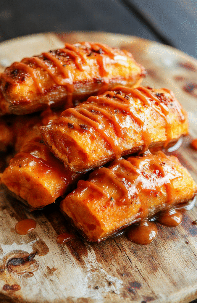 A vibrant dish featuring golden-brown candied yams coated in glossy caramel sauce, garnished with a sprinkle of chopped nuts on a rustic white plate, styled with a caramel drizzle and a sprig of fresh thyme, set on a warm wooden surface