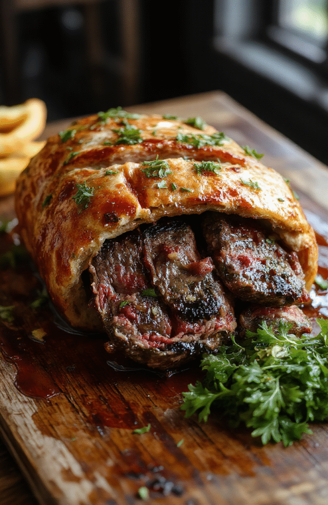 A beautifully plated beef Wellington showcasing a golden, flaky pastry crust encasing tender beef topped with a mushroom duxelles and a sprig of thyme, surrounded by vibrant green garnish and a rustic wooden table.