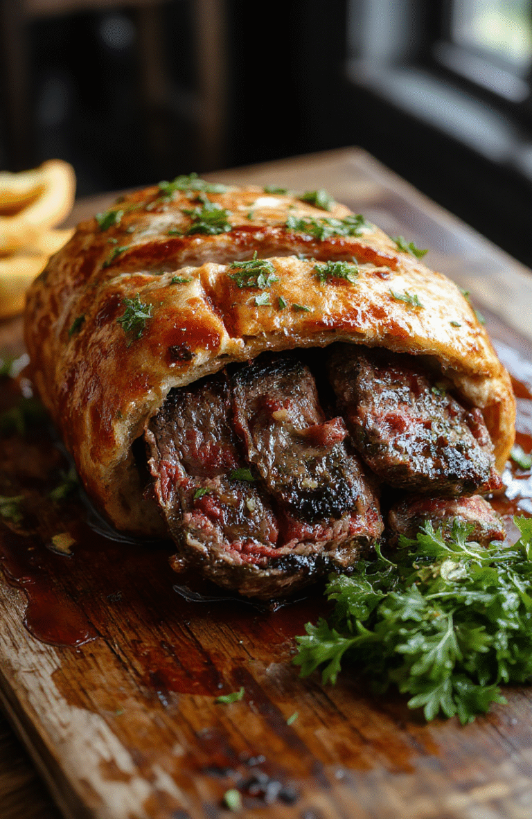 A beautifully plated beef Wellington showcasing a golden, flaky pastry crust encasing tender beef topped with a mushroom duxelles and a sprig of thyme, surrounded by vibrant green garnish and a rustic wooden table.