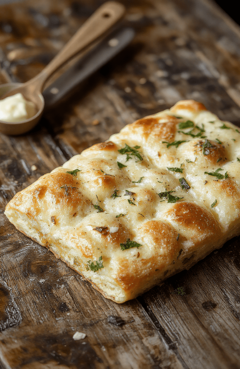 A golden-brown, soft garlic focaccia bread topped with fresh herbs and garlic slices, styled on a rustic wooden board with olive oil drizzled nearby, showcasing its fluffy interior and crispy crust, vibrant green herbs complement the warm bread, textured surface with visible air bubbles and aromatic herbs, styled casually for an inviting presentation