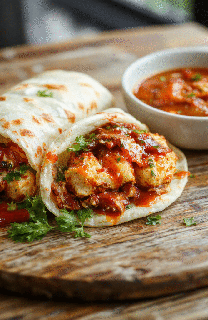 A close-up of vibrant chicken wraps with glossy sweet chili sauce drizzled over tender shredded chicken, crisp lettuce, and colorful vegetables tightly rolled in soft tortillas, styled on a rustic wooden table with natural daylight highlighting the textures and fresh ingredients.