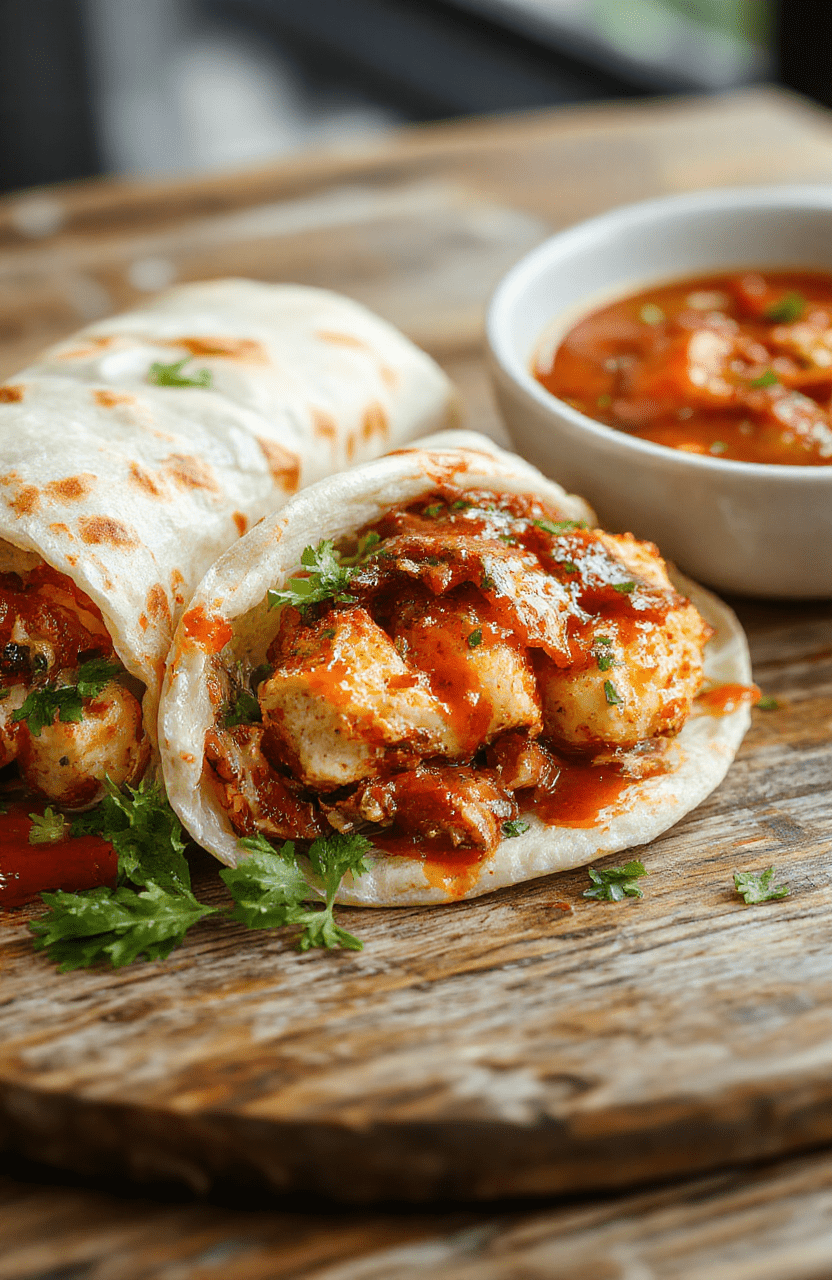A close-up of vibrant chicken wraps with glossy sweet chili sauce drizzled over tender shredded chicken, crisp lettuce, and colorful vegetables tightly rolled in soft tortillas, styled on a rustic wooden table with natural daylight highlighting the textures and fresh ingredients.