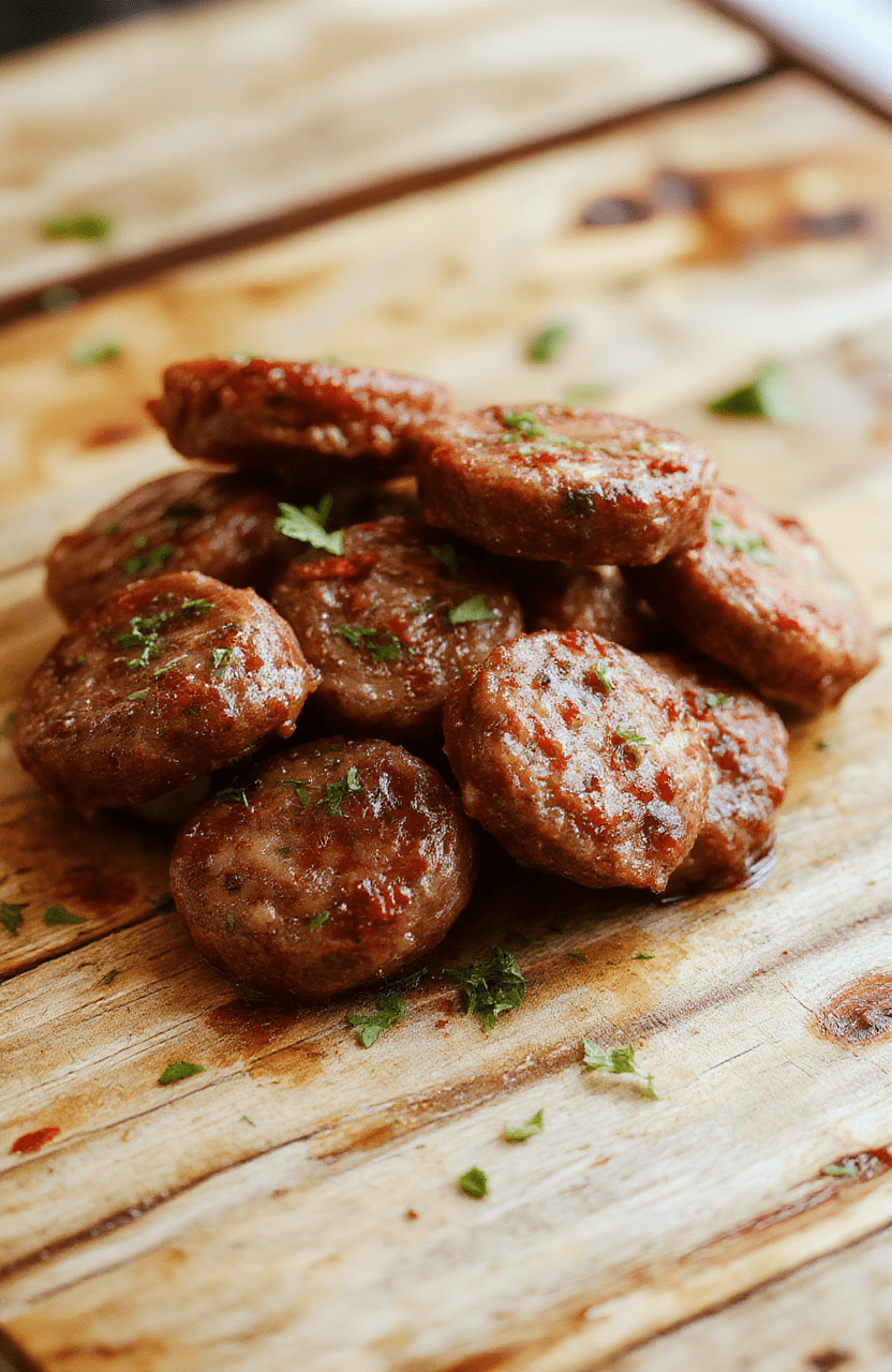 A close-up of golden-brown sausage bites arranged on a white plate with fresh herbs and crispy edges, styled with a few sliced ingredients and a rustic wooden background, appetite-invoking and textured visuals.