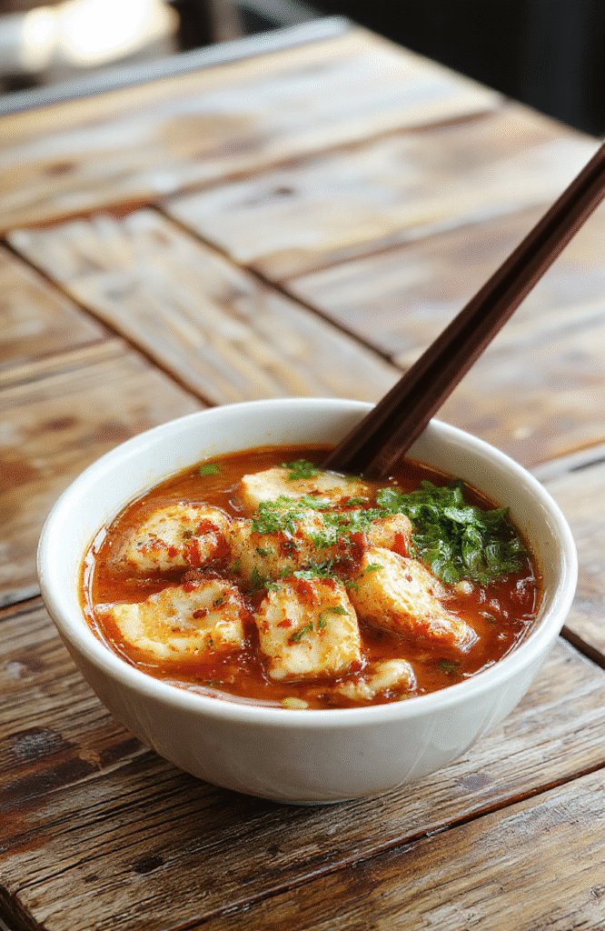 A vibrant, steaming bowl of spicy chicken ramen on a rustic wooden table. The bowl is filled with creamy broth, tender slices of chicken, soft boiled eggs, garnished with chopped scallions and chili flakes. The rich, colorful ingredients contrast beautifully against the dark, textured background, styled simply to highlight the dish's textures and vibrant colors.