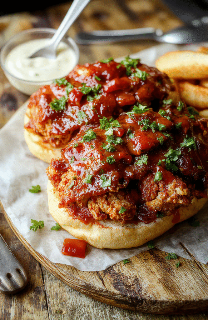 A vibrant plate featuring a crispy, spicy Nashville hot chicken fillet nestled in a toasted bun, topped with crunchy pickle slices and drizzled with a spicy orange glaze. The sandwich is styled on a rustic wooden board, with a side of crispy fries and fresh greens, emphasizing rich textures and fiery hues, styled for a casual yet appetizing presentation.