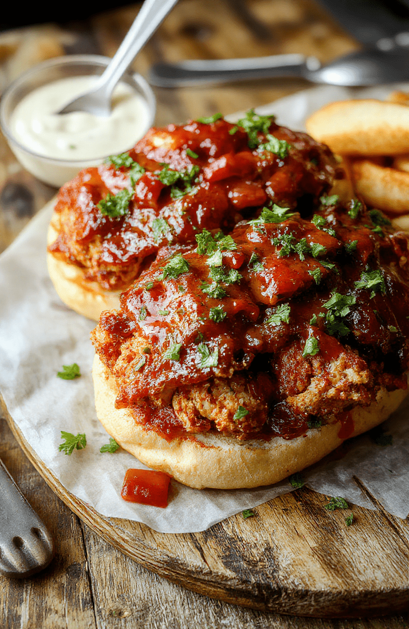 A vibrant plate featuring a crispy, spicy Nashville hot chicken fillet nestled in a toasted bun, topped with crunchy pickle slices and drizzled with a spicy orange glaze. The sandwich is styled on a rustic wooden board, with a side of crispy fries and fresh greens, emphasizing rich textures and fiery hues, styled for a casual yet appetizing presentation.