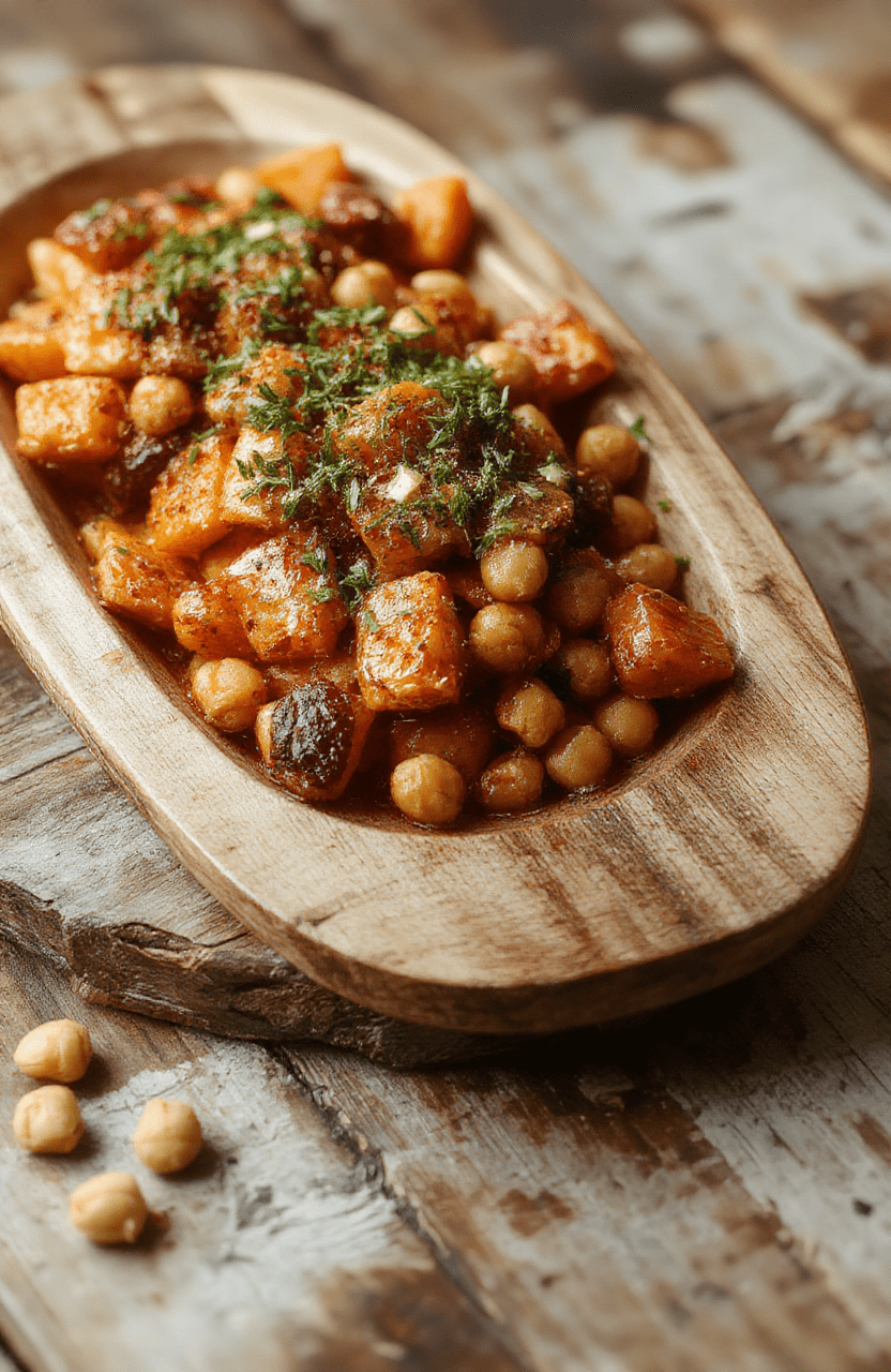 A vibrant plate of roasted carrots with golden crispy chickpeas on top, garnished with fresh herbs, arranged on a rustic white platter, featuring colorful roasted carrots with slightly caramelized edges and crunchy chickpeas, styled simply with natural lighting highlighting the textures and colors