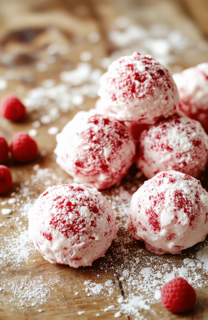 A close-up shot of vibrant red raspberry snowballs coated in snowy powdered sugar, arranged on a white plate with a festive background, highlighting their crumbly texture and fresh raspberry filling, styled with holiday accents.