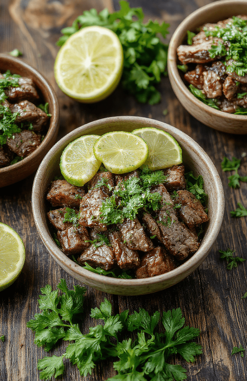 A vibrant plate of cilantro lime steak bowls featuring perfectly grilled sliced steak, fresh green cilantro, bright lime wedges, colorful vegetables, and a drizzle of sauce arranged invitingly on a rustic wooden table with a fresh lime and herbs garnish.