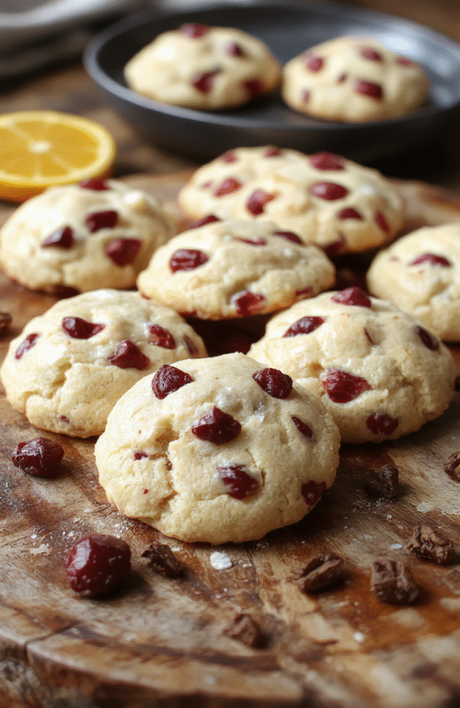 A vibrant plate of Zesty Orange Cranberry Cookies featuring bright orange zest and ruby-red cranberries, beautifully arranged on a rustic wooden surface with a hint of powdered sugar dusted on top, showcasing their textured, crunchy exterior and soft interior with visible fruit pieces.
