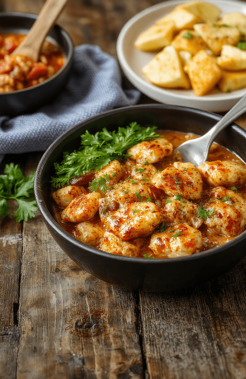 A vibrant skillet of golden-brown chicken topped with sliced green and yellow pepperoncini peppers, garnished with fresh herbs on a rustic wooden table, with a side of bright lemon wedges, textured chicken and peppers with juices glistening under natural light.